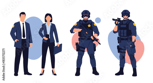 Set of professional characters including a businessman, businesswoman, and two heavily armed SWAT police officers in full gear.