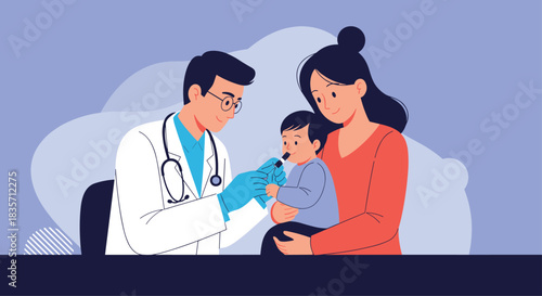 Male doctor or pediatrician gives oral vaccine or medicine to a small child sitting on its mother's lap in a clinic.