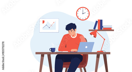 Young man working or studying at his desk with a laptop, a cup of coffee, and books under a lamp at home or in an office.