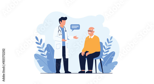 Young male doctor standing and talking with an elderly male patient who is sitting on a chair during a medical consultation.
