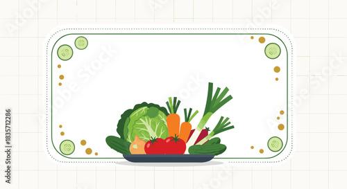 Healthy food background with a collection of fresh vegetables on a plate, inside a decorative frame with copy space.
