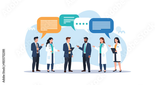 Group of diverse doctors and business people having a discussion with speech bubbles, representing a medical conference.