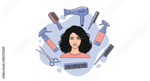 Beautiful woman with dark curly hair is surrounded by a set of hairdressing tools like scissors, a comb, and a hairdryer.