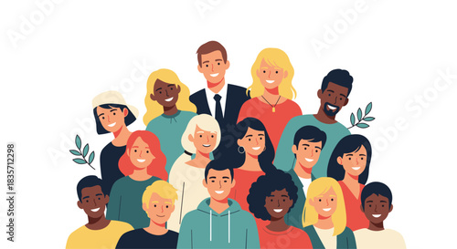 Large, happy group of diverse and multicultural young people smiling and standing together, representing community and friendship.