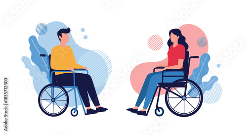 Young man and woman with disabilities sitting in wheelchairs, representing inclusivity, accessibility, and modern relationships.