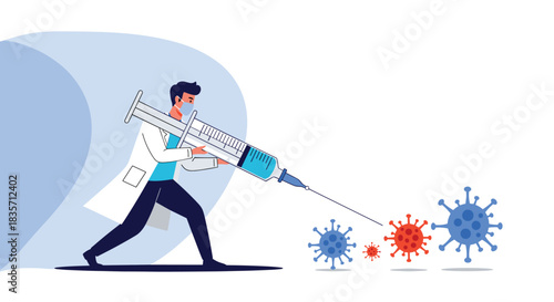 Metaphorical illustration of a brave doctor in a face mask fighting coronavirus cells with a giant vaccine-filled syringe.