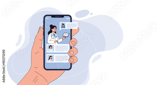 Hand holding a smartphone showing an online medical consultation with a female doctor, illustrating telemedicine and e-health.