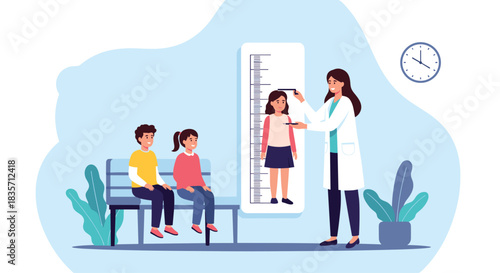 Female pediatrician measures a little girl's height using a stadiometer during a health checkup while other kids wait.