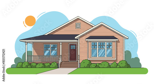 Charming suburban single-story house with a porch, surrounded by green bushes and a lawn under a sunny blue sky illustration.