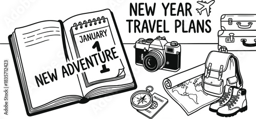 New Year travel plans vector illustration on white