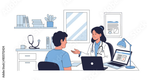 Caring female doctor in her office discusses a diagnosis or treatment plan with a male patient sitting at her desk.