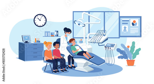 Female pediatric dentist examines a young boy in a modern dental chair while other children wait for their appointment.