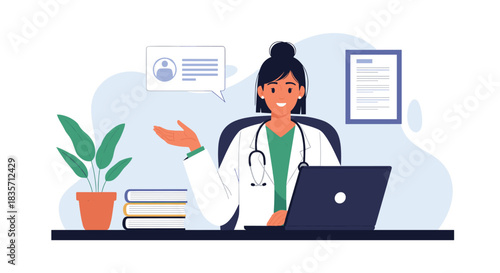 Female doctor provides an online consultation from her desk, using a laptop for telemedicine and virtual patient communication.