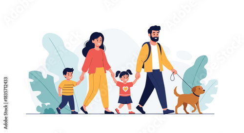 Happy family of four with a mother, father, son, and daughter hold hands while enjoying a walk outdoors with their pet dog.