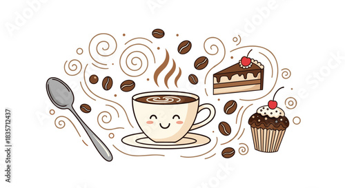 Cute kawaii coffee cup with a smiling face, surrounded by coffee beans, a cupcake, and a slice of chocolate cake doodle.