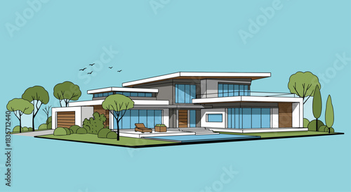 Architectural sketch-style illustration of a luxurious modern house with large windows, a swimming pool, and green landscaping.