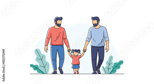 Loving gay couple holds their young daughter's hands while walking together, representing a modern and diverse LGBTQ family.
