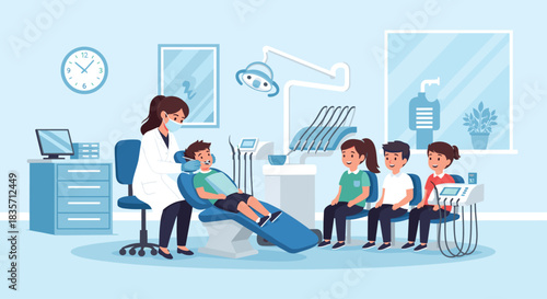 Friendly pediatric dentist wearing a mask gives a checkup to a young boy in the chair as other children wait their turn.