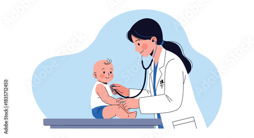 Professional female pediatrician listens to a baby's heartbeat with a stethoscope during a routine medical examination at a clinic.