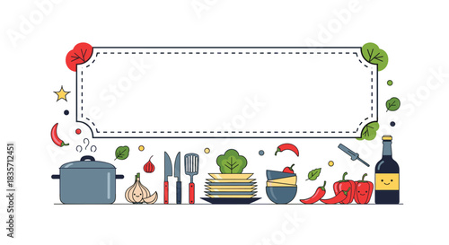Cooking and recipe themed border with a blank frame for text, surrounded by fresh vegetables, kitchen utensils, and wine.