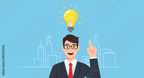 Happy businessman in a suit has a brilliant idea, symbolized by a glowing light bulb above his head, with a city behind.