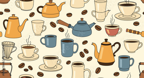 Seamless doodle pattern with hand-drawn coffee pots, cups, mugs, and roasted coffee beans for a cozy cafe-themed background.