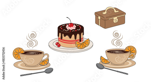 Elegant tea time composition with two cups of hot tea, orange slices, spoons, and a delicious chocolate cherry layer cake.