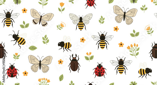 Delicate seamless pattern featuring various cute insects like bees, butterflies, beetles, and ladybugs among flowers and leaves.