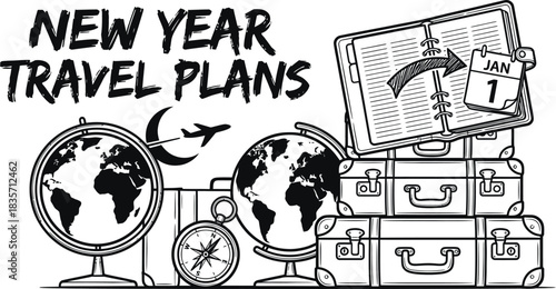 New Year travel plans vector illustration on white