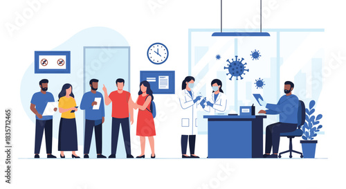 Diverse group of people waiting in line at a medical clinic to receive the coronavirus vaccine from a healthcare worker.
