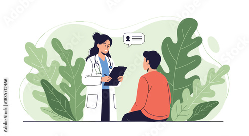Female doctor discusses health results from a clipboard with a male patient during an outdoor or nature-themed consultation.