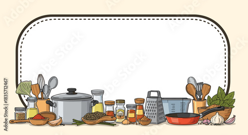 Hand-drawn cooking background with a blank frame for text, surrounded by various kitchen utensils, spices, and cookware.