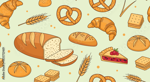 Delicious seamless pattern of assorted bakery goods including sliced bread, croissants, pretzels, and fruit pie on a green background.