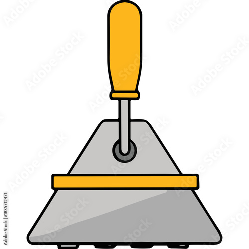 A Flat Trowel with a Yellow Handle and a Gray Metal Blade on a Black Background