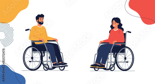 Young man and woman with physical disabilities are sitting in wheelchairs and smiling, set against abstract colorful shapes.