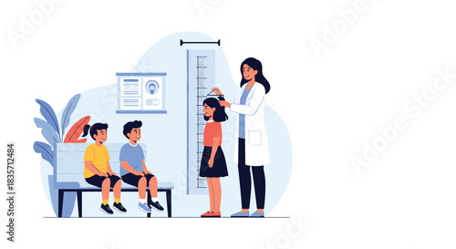 Caring female doctor measures a young girl's height on a wall chart as two boys wait for their pediatric health checkup.