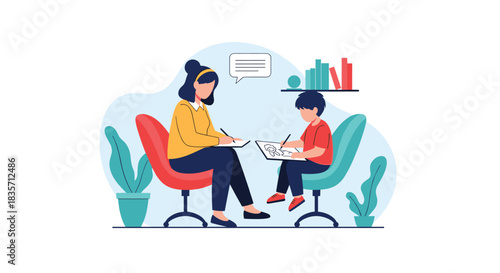 Child psychologist or therapist has a session with a young boy, who is drawing, in a comfortable and friendly office setting.