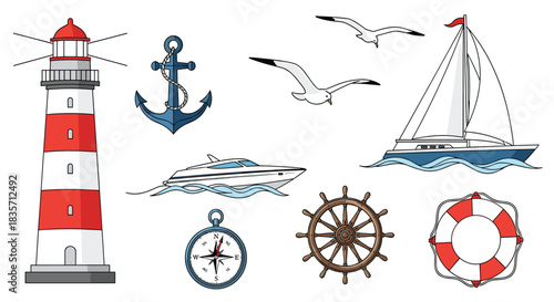 Collection of nautical and marine themed icons including a lighthouse, anchor, sailboat, compass, and other sea elements.