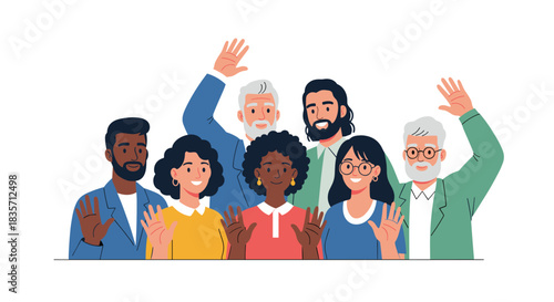 Group of diverse, happy people of different ages and ethnicities are waving their hands in a friendly greeting gesture.
