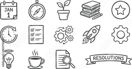 New Year Productivity Icons Set on white background