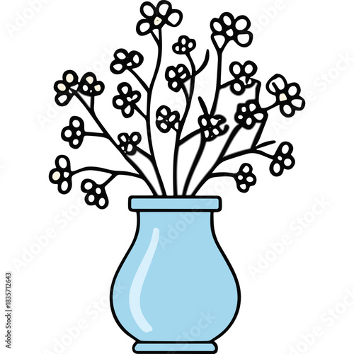 A light blue glass vase filled with delicate white flowers on a dark background with simple line art style and subtle glowing highlights on the petals, evoking a sense of minimalist natural beauty
