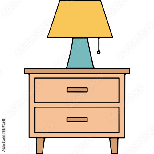 A light blue lamp with a yellow lampshade sits on top of a light brown two-drawer nightstand with light brown legs and drawer pulls on a black background