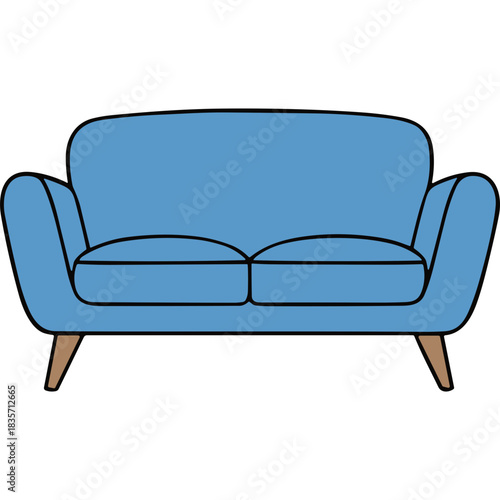 A Light Blue Two Seater Sofa With Wooden Legs On A Black Background