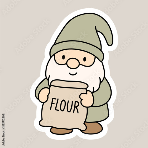 Charming gnome holding a flour bag. Ideal for baking labels, recipe cards, and kitchen stickers.