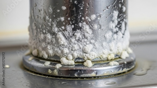 Limescale buildup is visible on water tap in close-up, demonstrating its negative impact. Limescale buildup affects appearance, and can damage appliances.