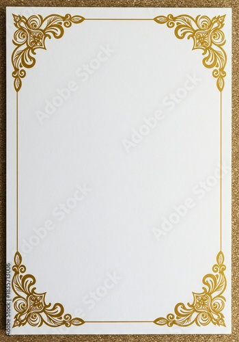 A decorative blank sheet of paper featuring intricate gold foil designs in the corners, set against a textured golden background.