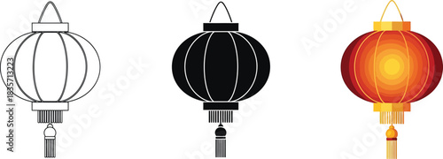 Set of three traditional oriental chinese paper lanterns in different styles, including outline, silhouette, and a vibrant red-orange gradient design, celebrating asian culture Vector
