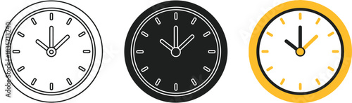 Essential set of three flat design analog clock icons: clean outline, bold solid black, and eye-catching yellow-accented variations, embodying time, deadlines, schedule, and punctuality for diverse di