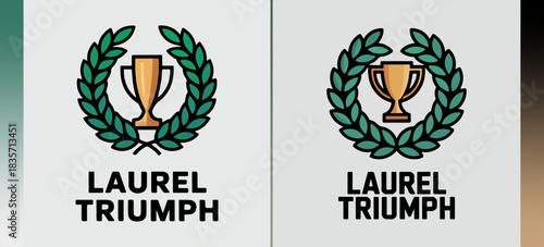 Laurel Triumph trophy wreath logo with golden cup inside green laurels, classic victory award crest emblem; elegant vector mark for tournaments, certificates, branding