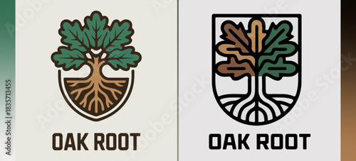Oak Root shield logo with sturdy tree and exposed roots, heritage forestry crest; organic nature emblem vector for conservation, parks, outdoor branding